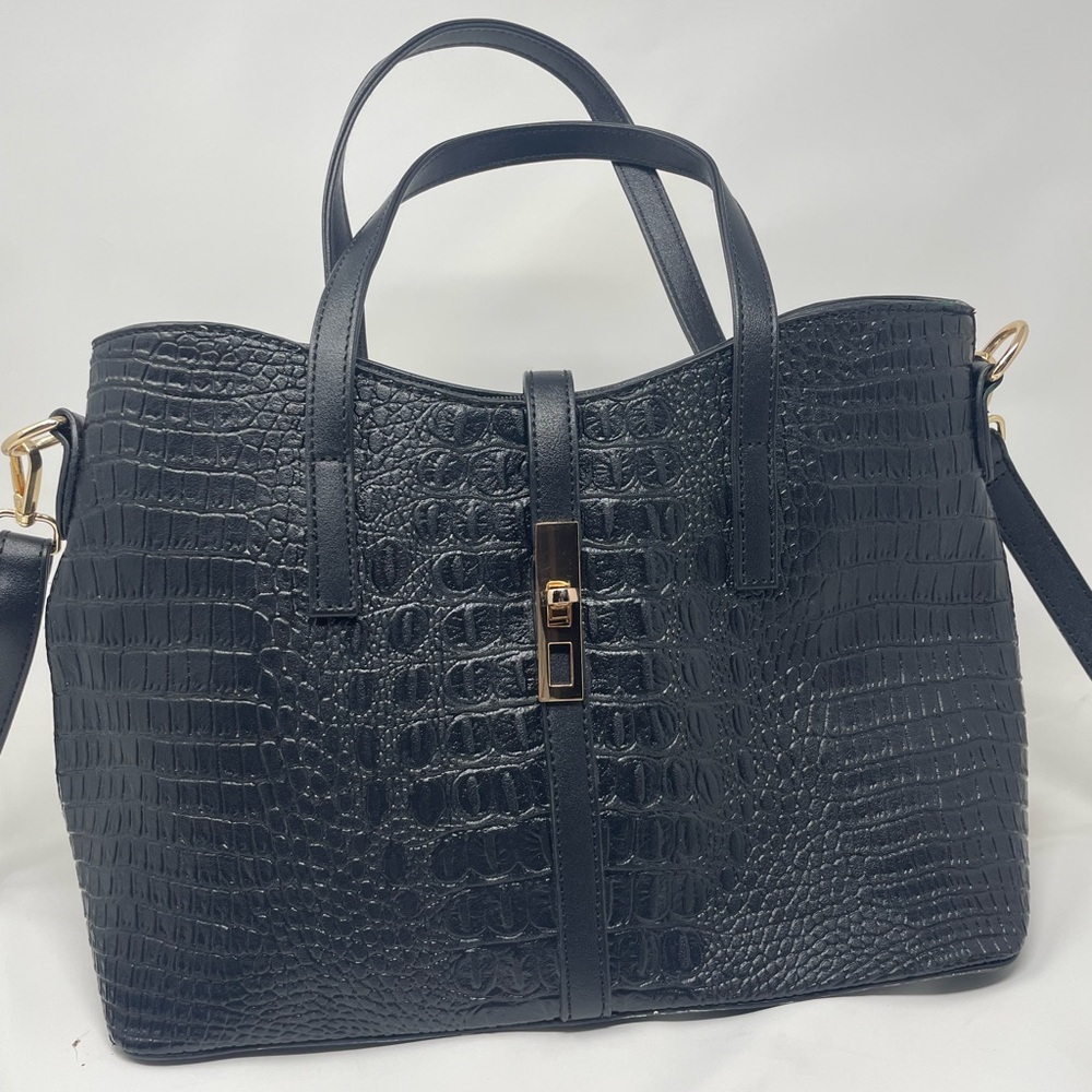 Black crocodile-pattern faux leather handbag set - Picture 2 of 5